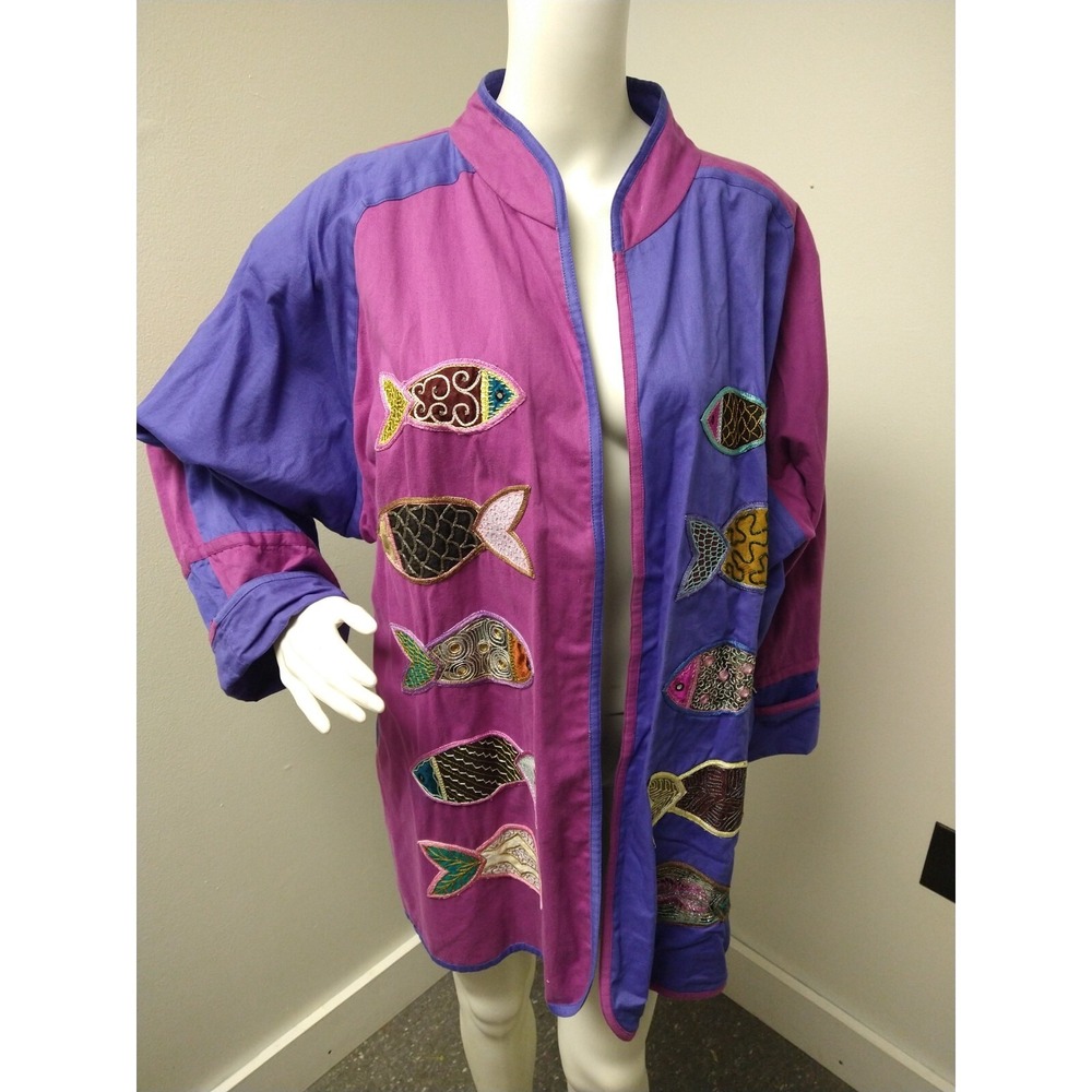 Yak Magik Mandarin Collar Open Jacket Womens XL Fish Embellished Artsy Oversized